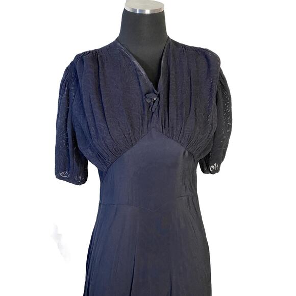 Vintage 1930s Navy Blue Dress with Burnout Sheer Sleeves -Size 4 Movie Star Glam - Picture 7 of 16